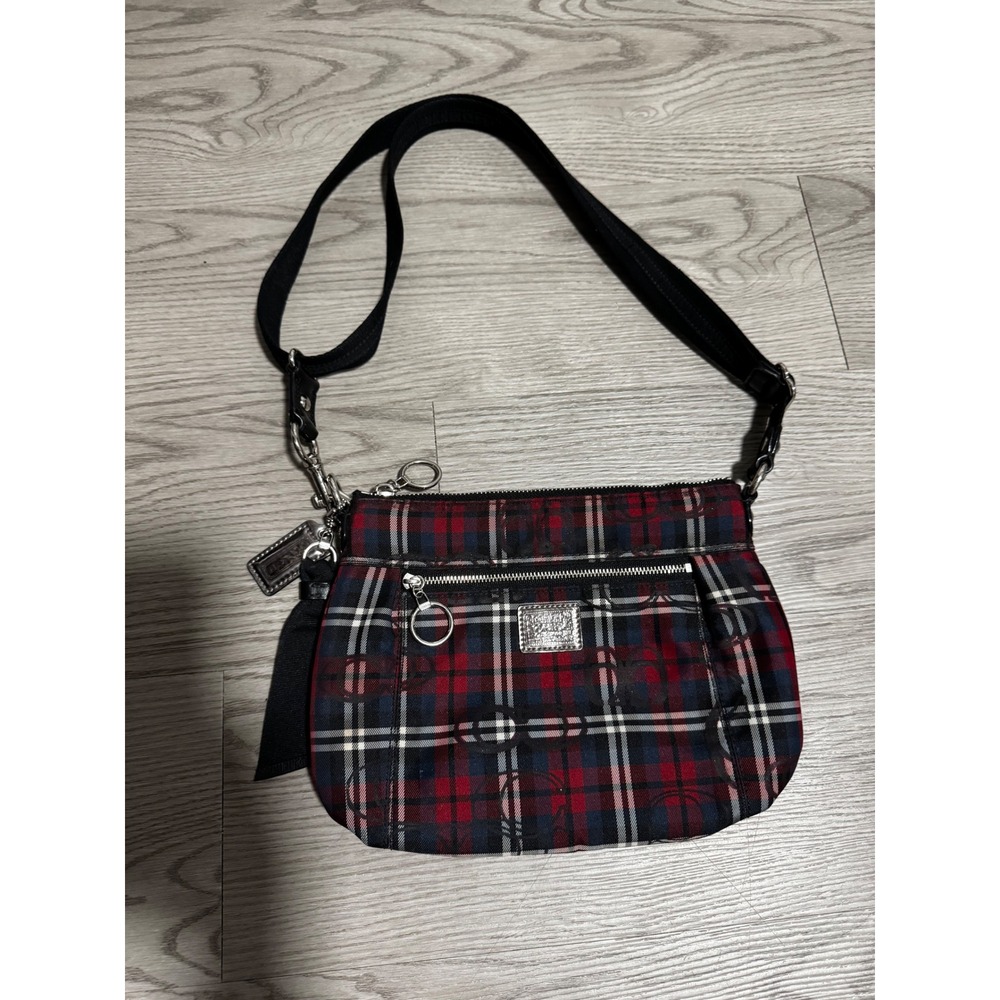 Coach Poppy Tartan Plaid Crossbody Bag Red Navy Signature C Logo Silver Hardware
